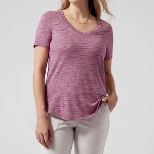 ATHLETA STRIPE BASHFUL SCOOP V-NECK SHORT SLEEVE BREEZY TEE Sz Large